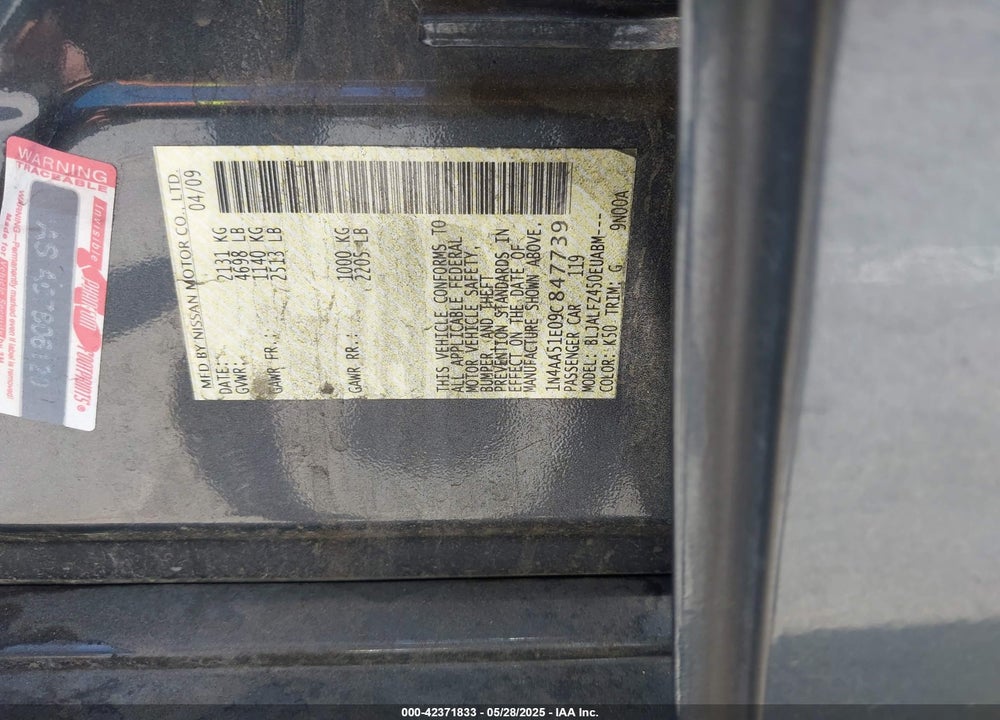 2009 NISSAN MAXIMA VIN: 1N4AA51E09C847739