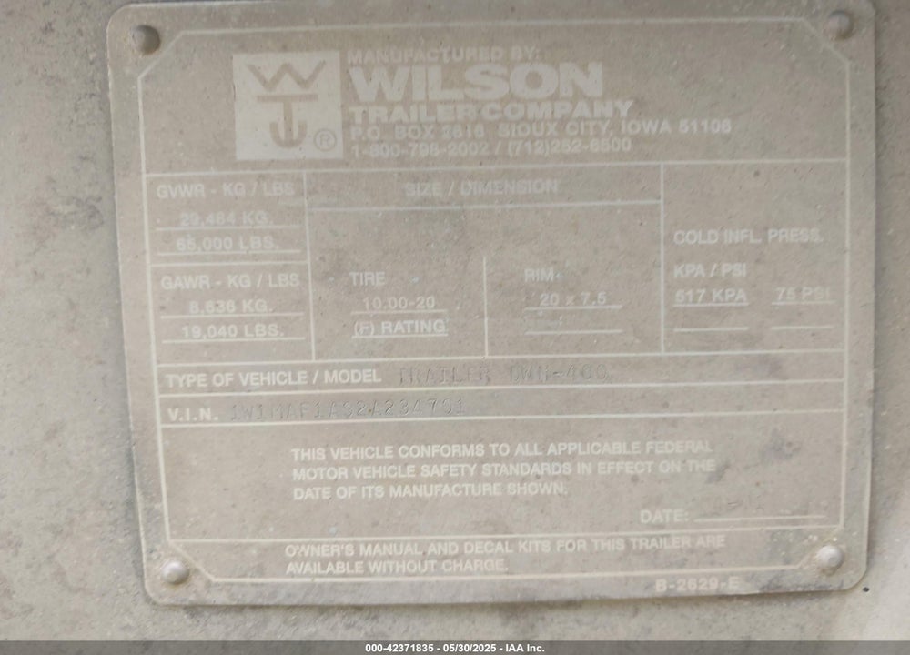 2002 WILSON TRAILER CO WILSON TRAILER VIN: 1W1MAF1A92A234701