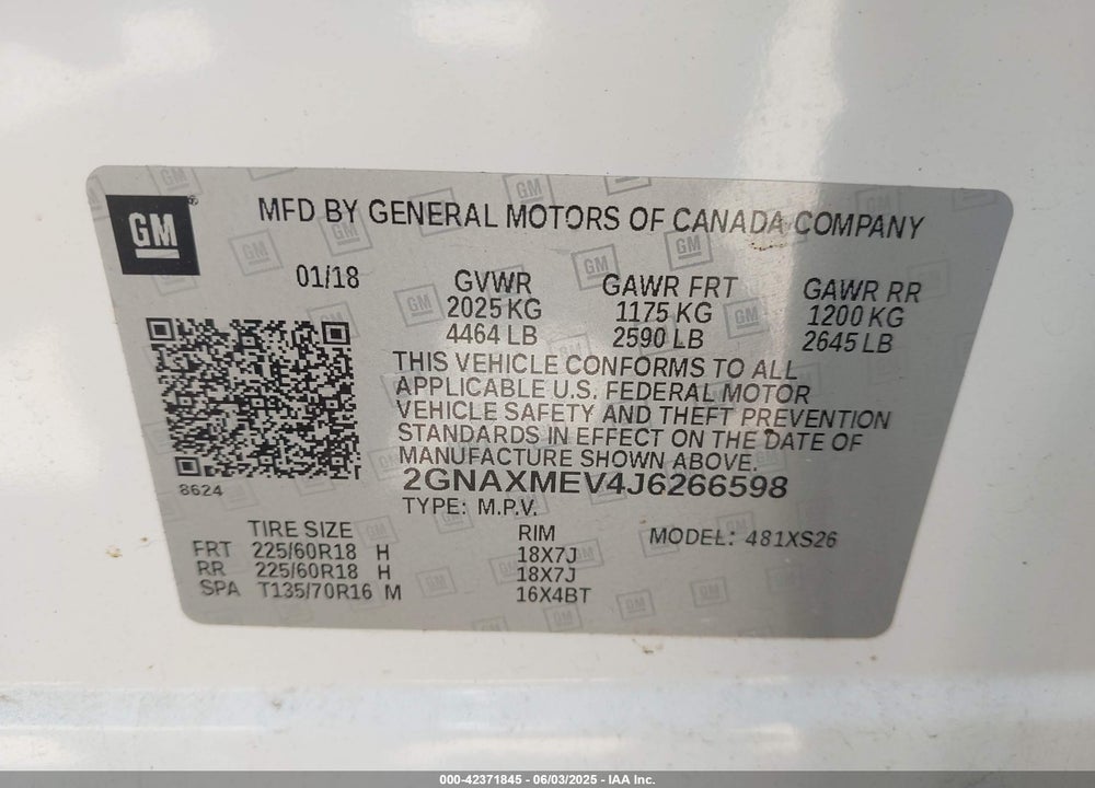 2018 CHEVROLET EQUINOX VIN: 2GNAXMEV4J6266598