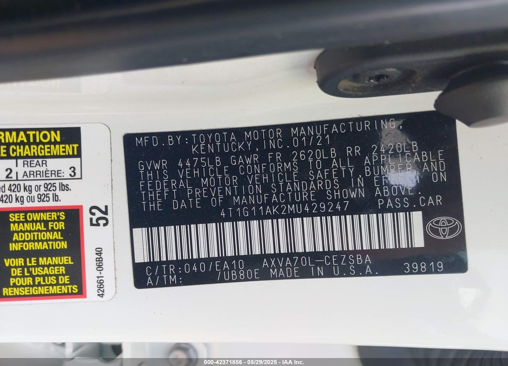 2021 TOYOTA CAMRY VIN: 4T1G11AK2MU429247