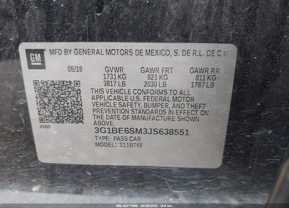 2018 CHEVROLET CRUZE LT AUTO VIN: 3G1BE6SM3JS638551
