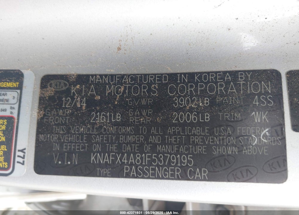 2015 KIA FORTE VIN: KNAFX4A81F5379195