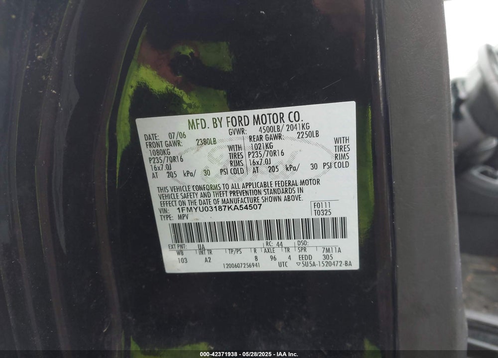 2007 FORD ESCAPE VIN: 1FMYU03187KA54507