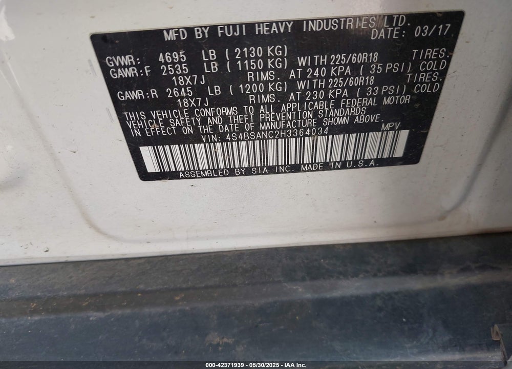 2017 SUBARU OUTBACK VIN: 4S4BSANC2H3364034