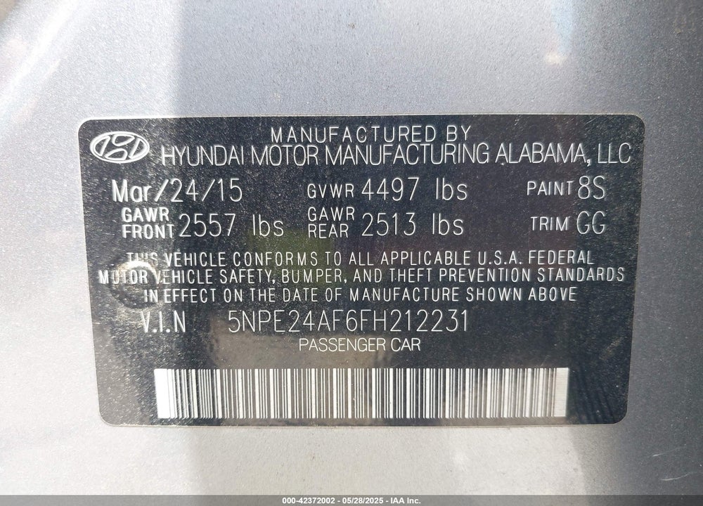 2015 HYUNDAI SONATA VIN: 5NPE24AF6FH212231