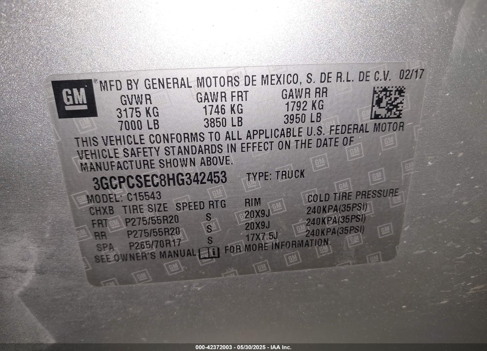 2017 CHEVROLET SILVERADO VIN: 3GCPCSEC8HG342453