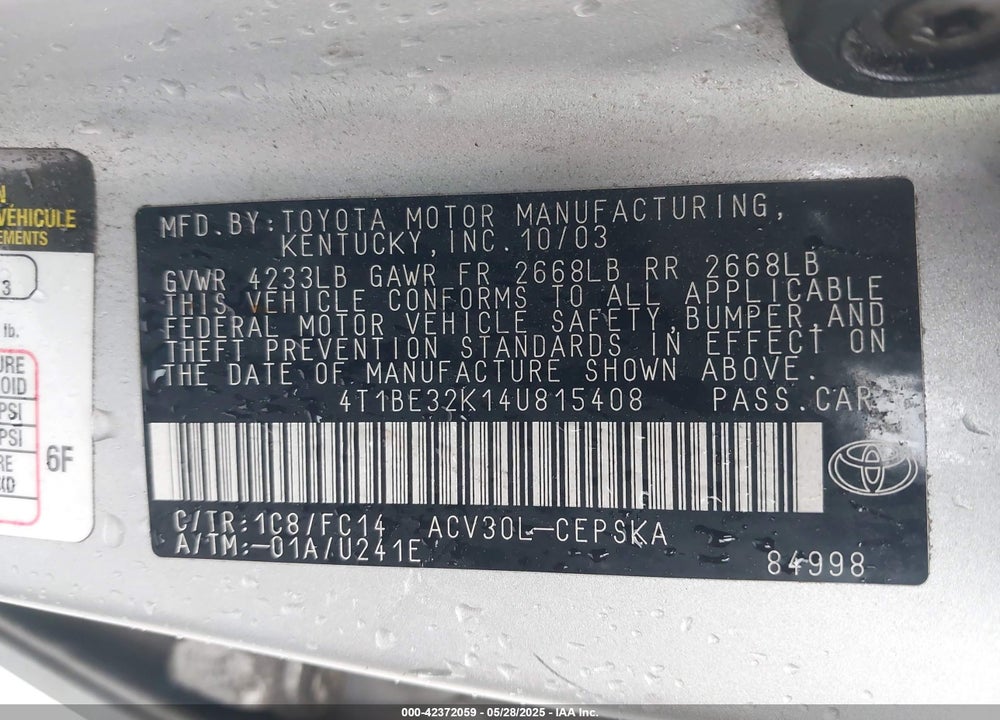 2004 TOYOTA CAMRY SE VIN: 4T1BE32K14U815408