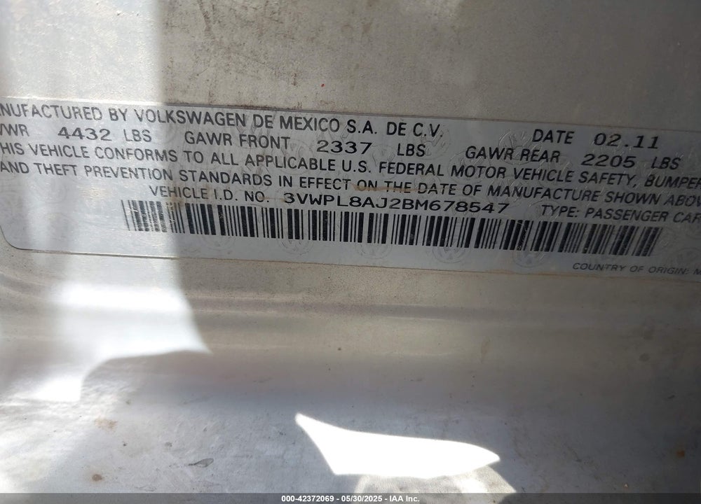 2011 VOLKSWAGEN JETTA VIN: 3VWPL8AJ2BM678547