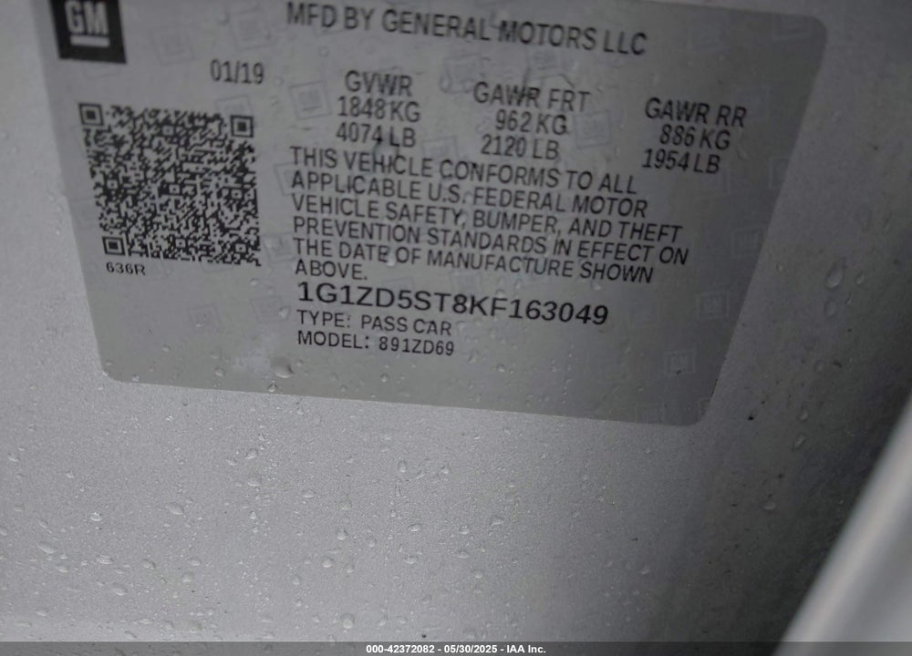 2019 CHEVROLET MALIBU VIN: 1G1ZD5ST8KF163049