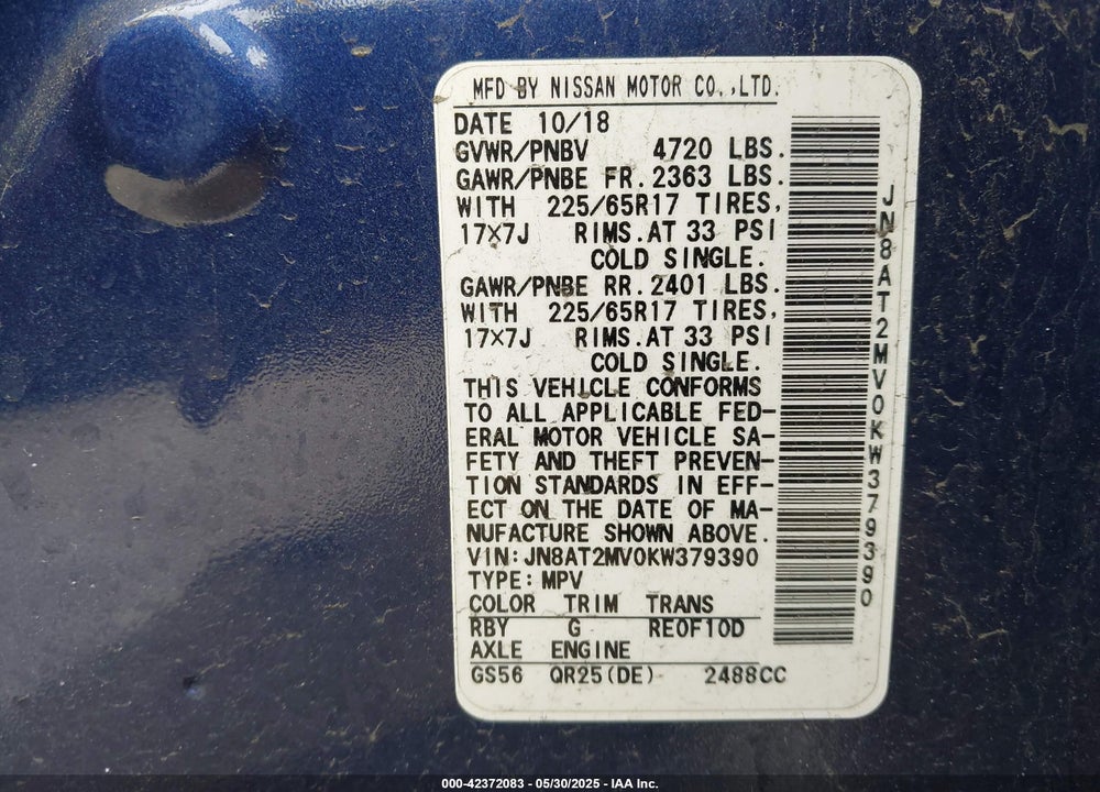 2019 NISSAN ROGUE SV VIN: JN8AT2MV0KW379390