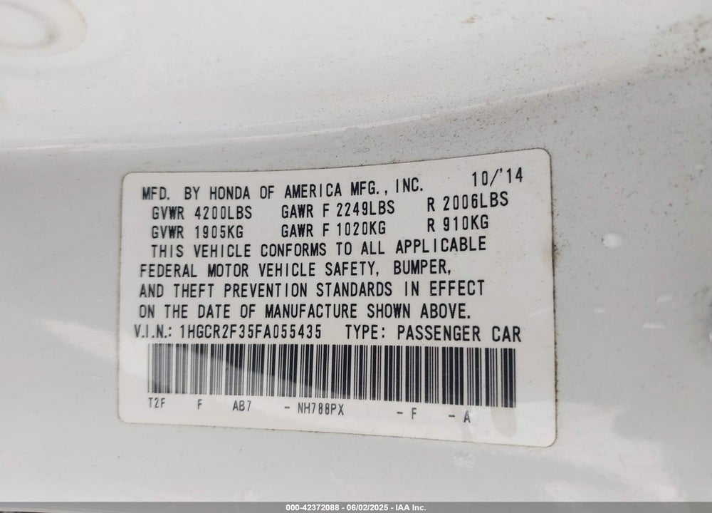 2015 HONDA ACCORD VIN: 1HGCR2F35FA055435