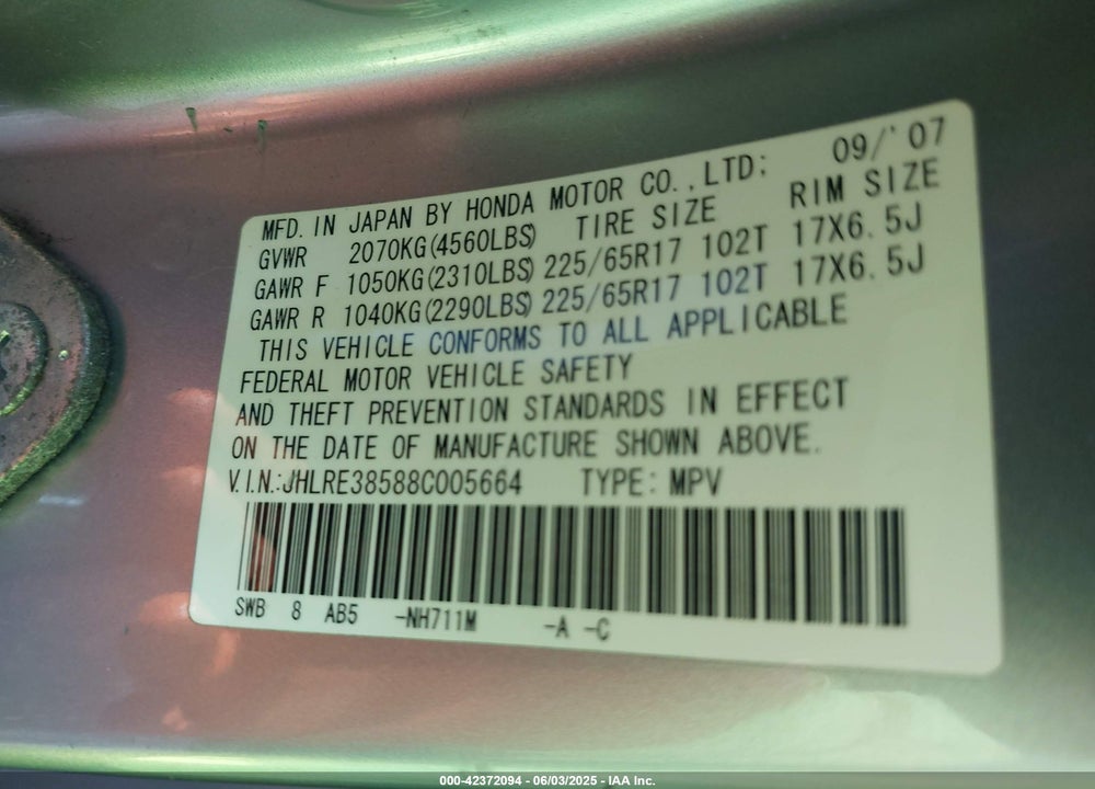 2008 HONDA CR-V EX VIN: JHLRE38588C005664