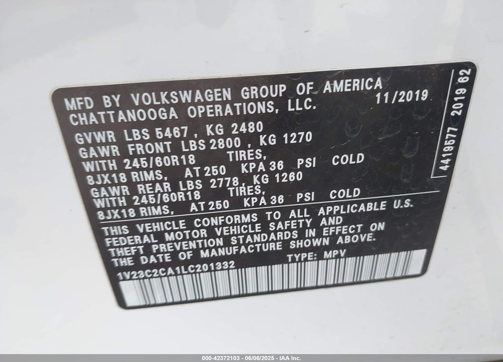 2020 VOLKSWAGEN ATLAS CROSS SPORT 2.0T SE VIN: 1V23C2CA1LC201332