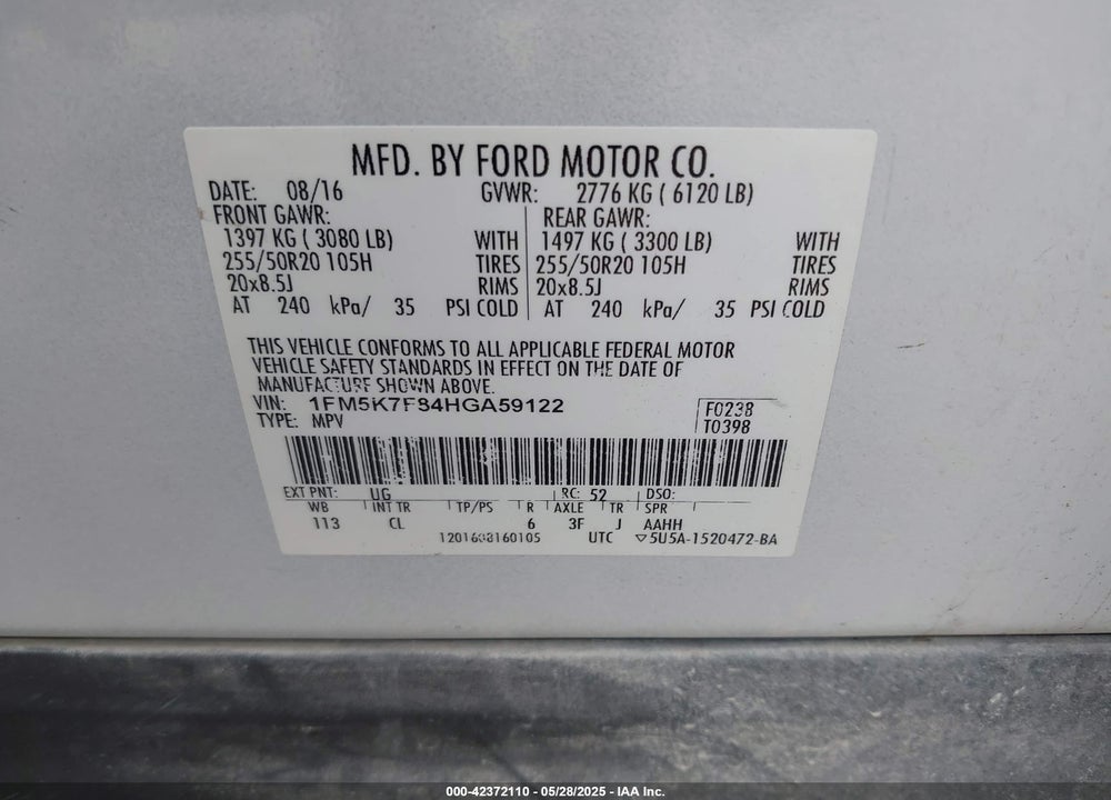 2017 FORD EXPLORER VIN: 1FM5K7F84HGA59122