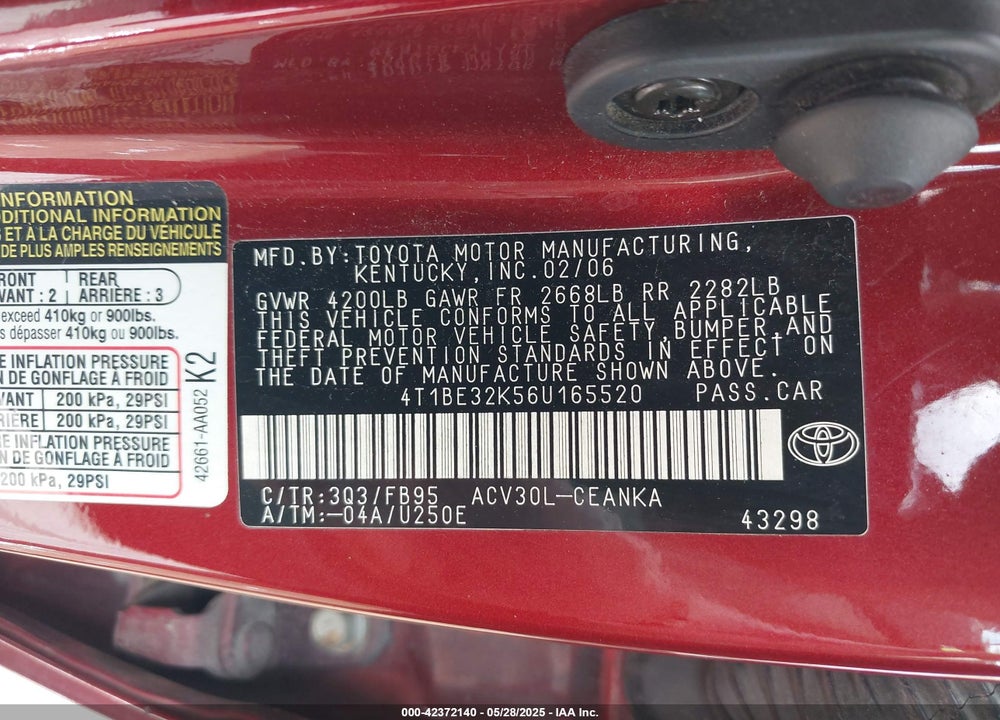 2006 TOYOTA CAMRY VIN: 4T1BE32K56U165520