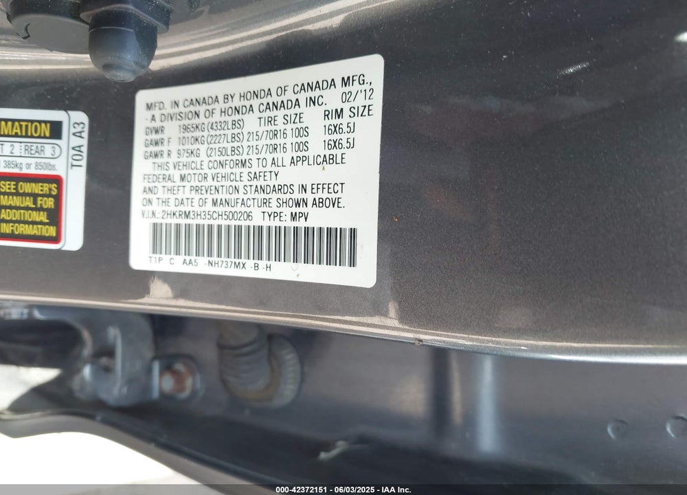 2012 HONDA CR-V VIN: 2HKRM3H35CH500206