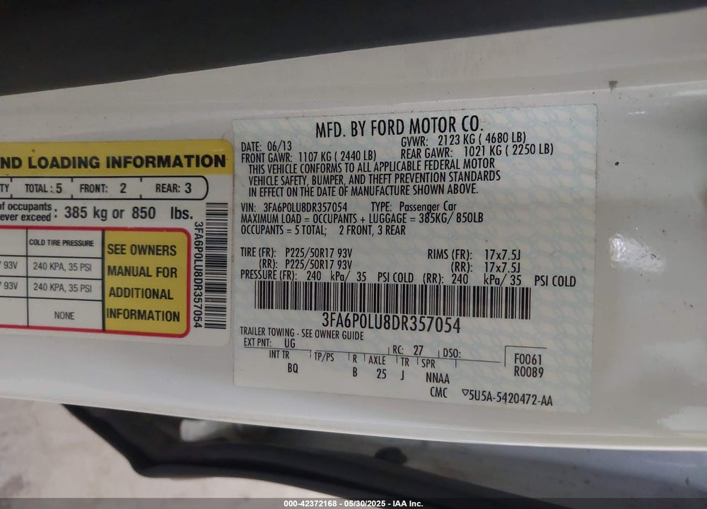 2013 FORD FUSION HYBRID SE VIN: 3FA6P0LU8DR357054