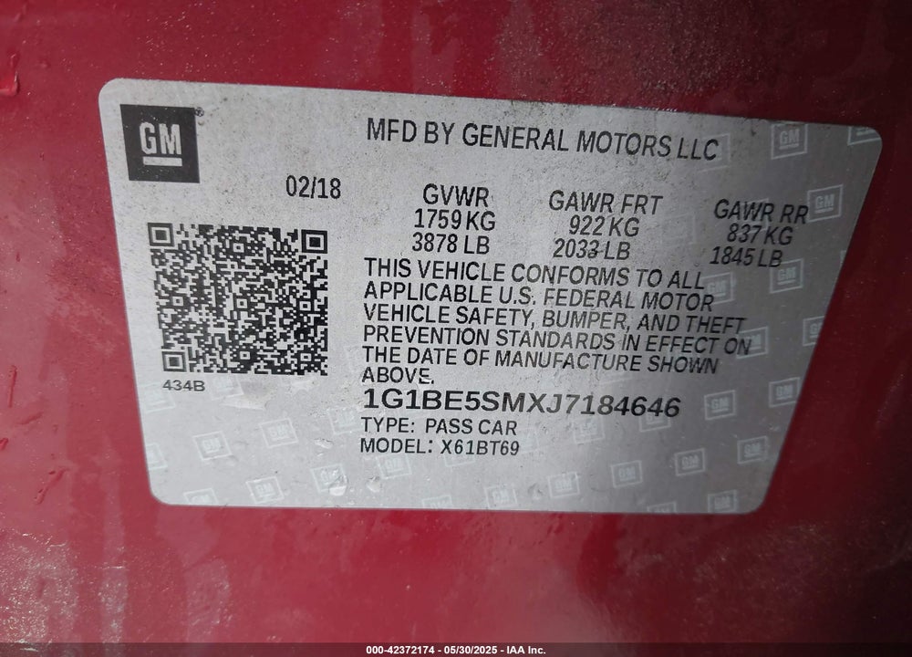 2018 CHEVROLET CRUZE LT AUTO VIN: 1G1BE5SMXJ7184646