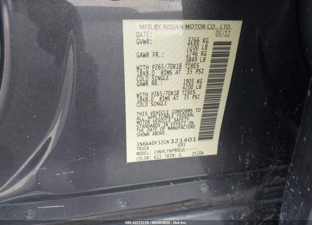 2012 NISSAN TITAN SV VIN: 1N6AA0FJ2CN321401