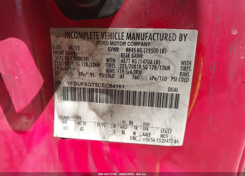 2012 FORD F-550 CHASSIS XL VIN: 1FDUF5GT5CEC84161