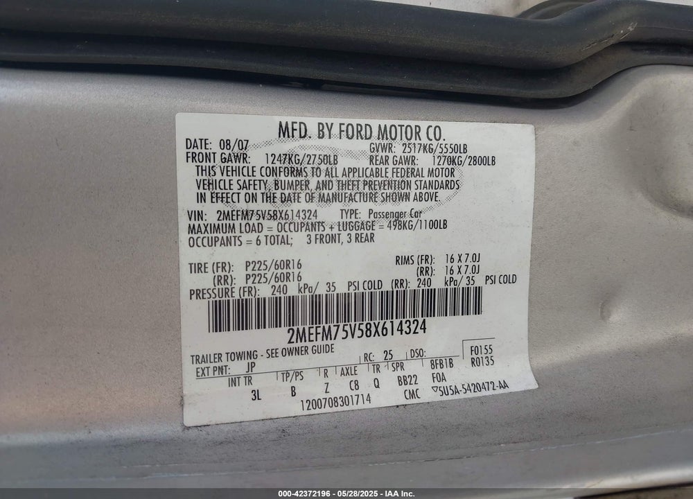 2008 MERCURY GRAND MARQUIS LS VIN: 2MEFM75V58X614324