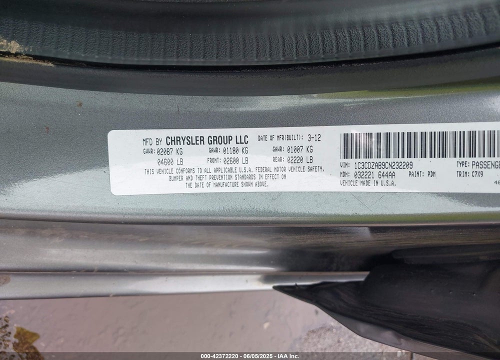 2012 DODGE AVENGER SE VIN: 1C3CDZAB9CN232209