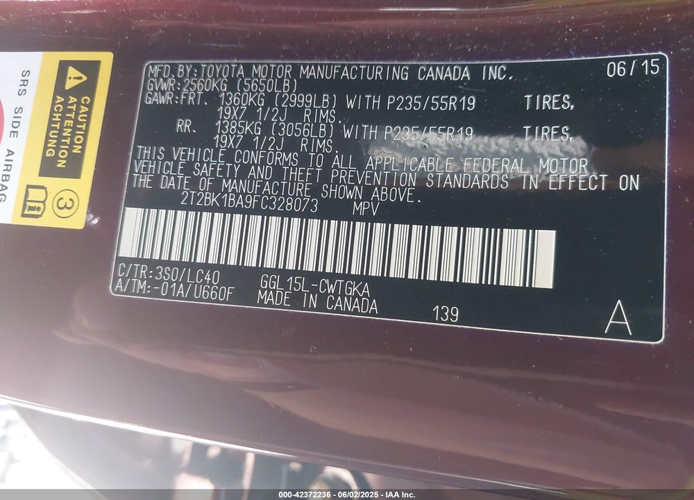 2015 LEXUS RX350 VIN: 2T2BK1BA9FC328073