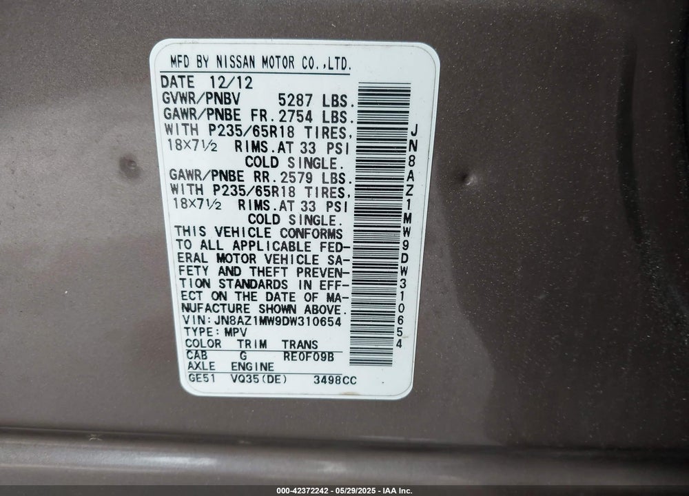 2013 NISSAN MURANO SV VIN: JN8AZ1MW9DW310654