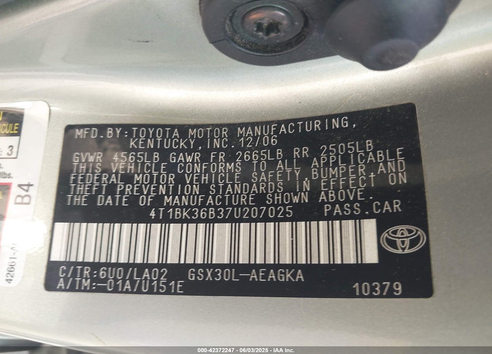 2007 TOYOTA AVALON VIN: 4T1BK36B37U207025
