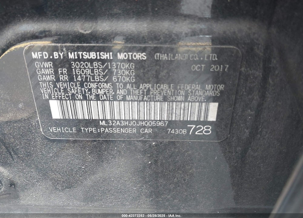 2018 MITSUBISHI MIRAGE ES VIN: ML32A3HJ0JH005967