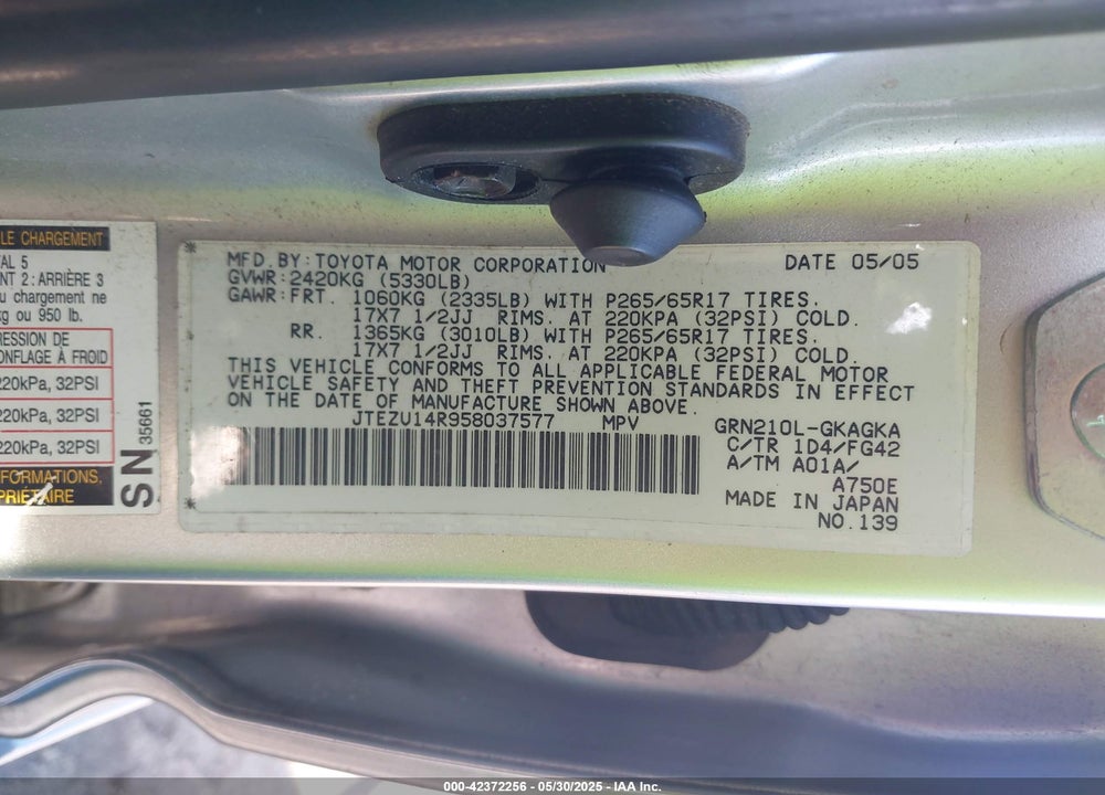 2005 TOYOTA 4RUNNER SR5 V6 VIN: JTEZU14R958037577