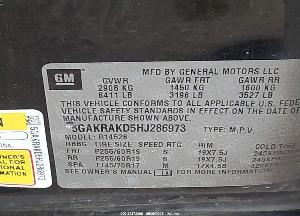 2017 BUICK ENCLAVE CONVENIENCE VIN: 5GAKRAKD5HJ286973