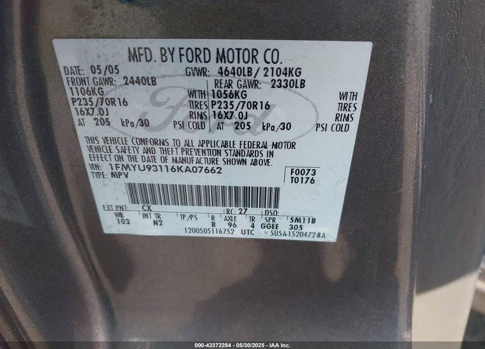 2006 FORD ESCAPE VIN: 1FMYU93116KA07662