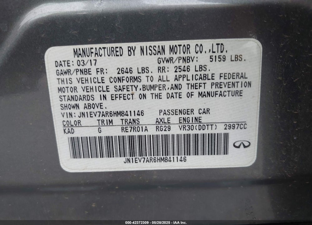2017 INFINITI Q50 VIN: JN1EV7AR6HM841146