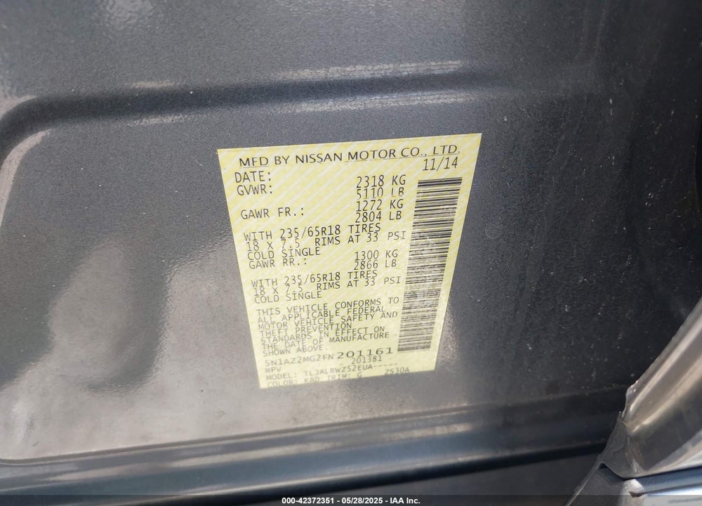 2015 NISSAN MURANO SL VIN: 5N1AZ2MG2FN201161