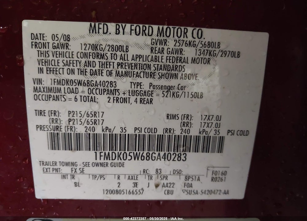 2008 FORD TAURUS X SEL VIN: 1FMDK05W68GA40283