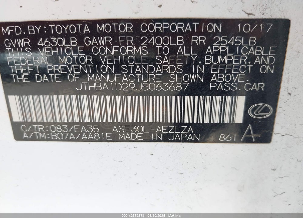 2018 LEXUS IS 300 VIN: JTHBA1D29J5063687