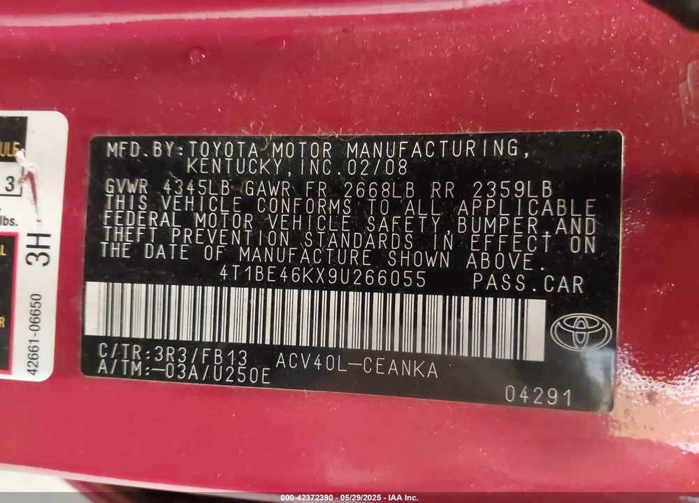 2009 TOYOTA CAMRY VIN: 4T1BE46KX9U266055