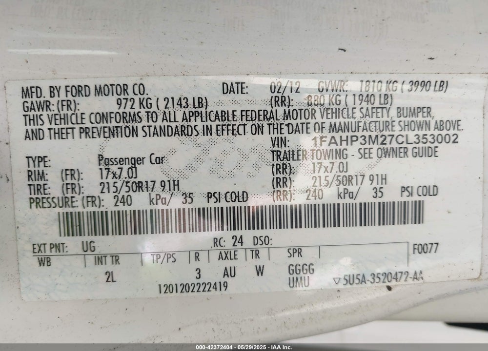 2012 FORD FOCUS VIN: 1FAHP3M27CL353002