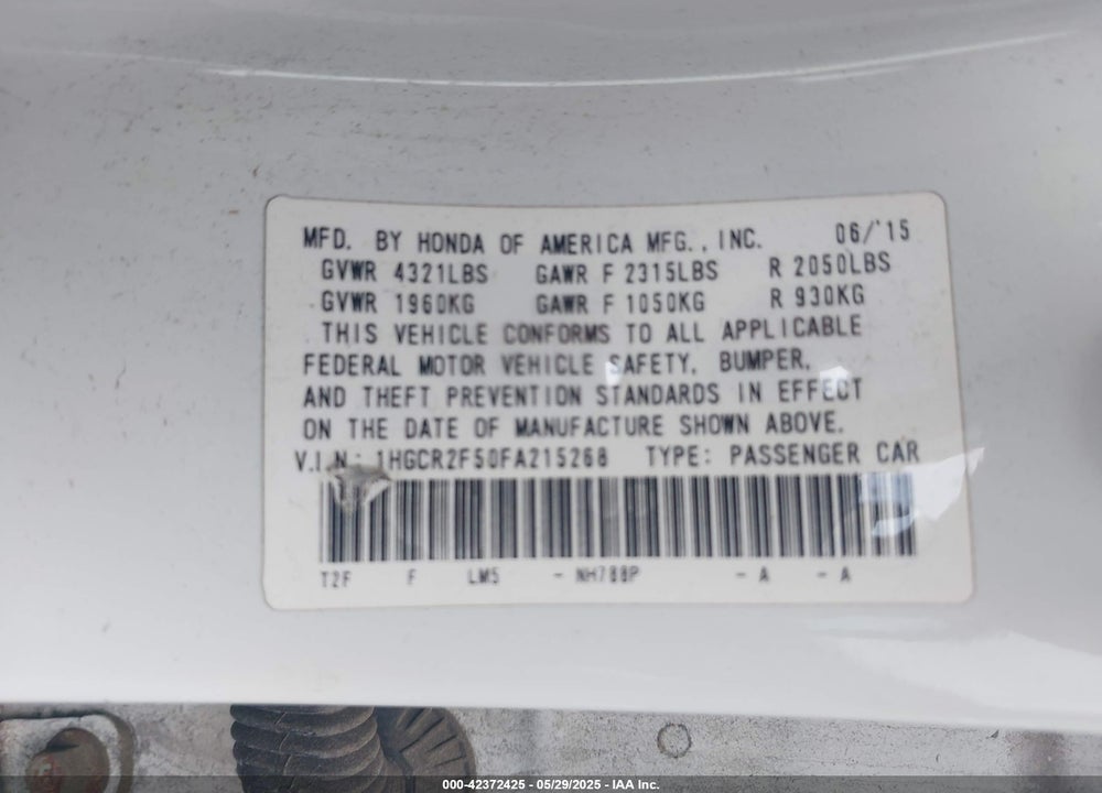 2015 HONDA ACCORD VIN: 1HGCR2F50FA215268