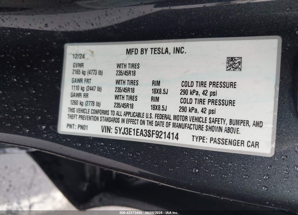 2025 TESLA MODEL 3 LONG RANGE REAR-WHEEL DRIVE VIN: 5YJ3E1EA3SF921414
