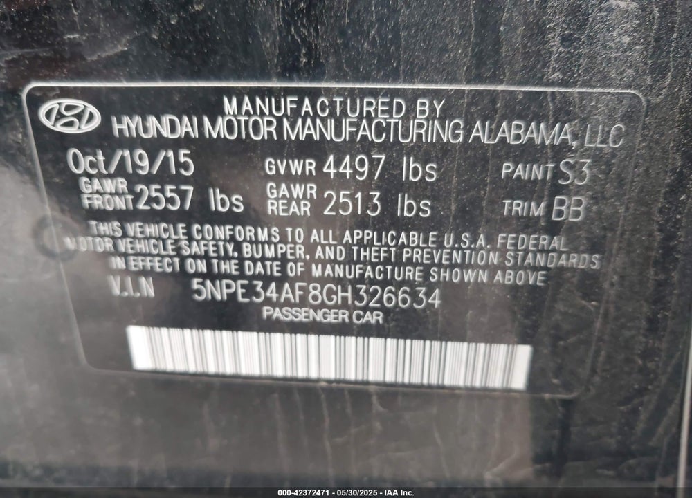 2016 HYUNDAI SONATA LIMITED VIN: 5NPE34AF8GH326634
