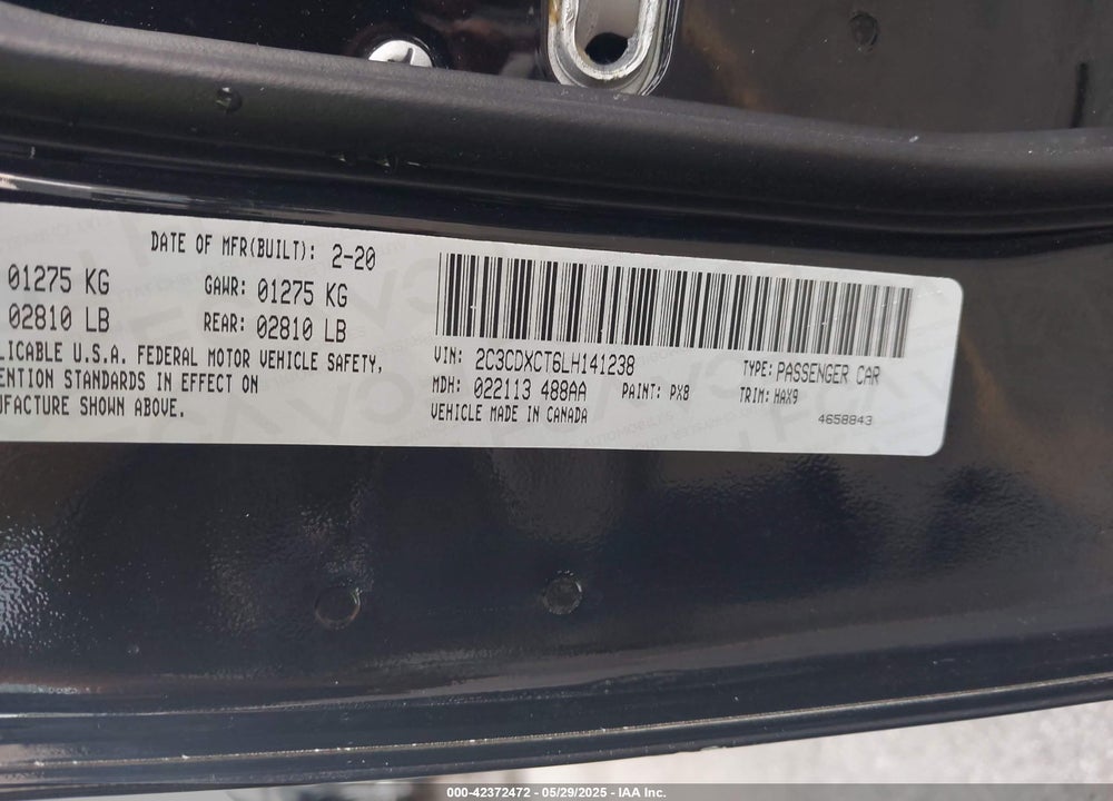 2020 DODGE CHARGER VIN: 2C3CDXCT6LH141238