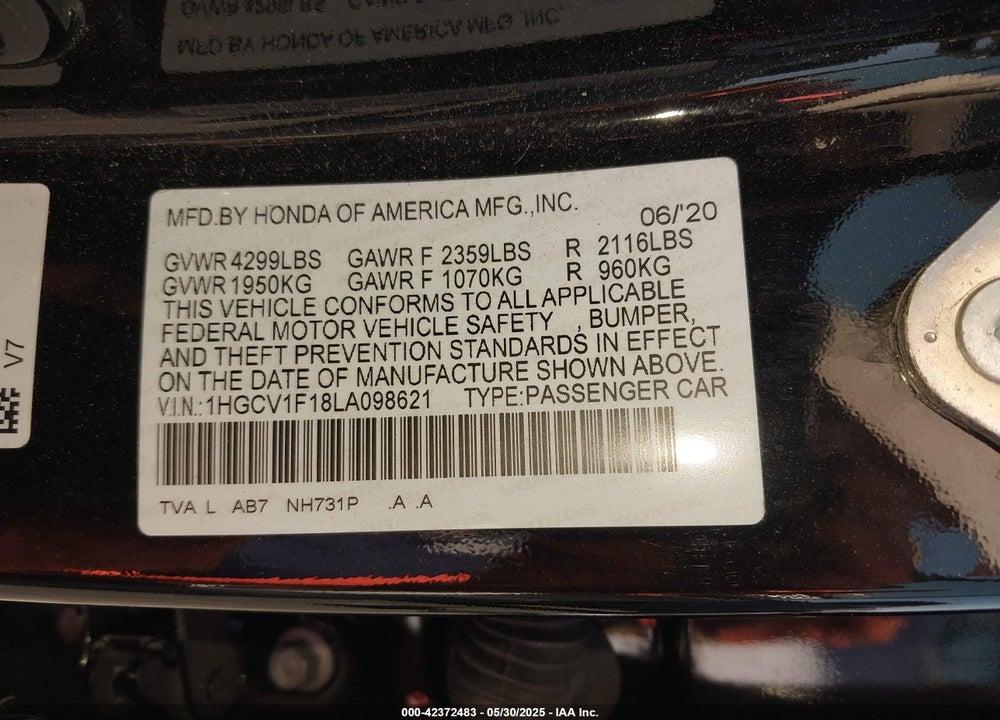 2020 HONDA ACCORD LX VIN: 1HGCV1F18LA098621