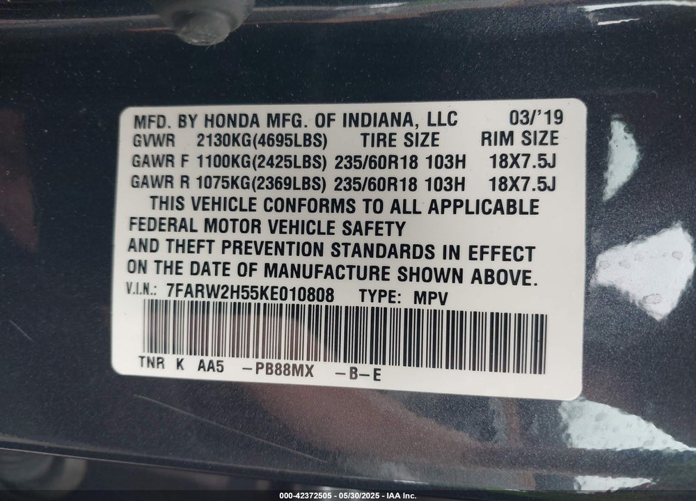 2019 HONDA CR-V VIN: 7FARW2H55KE010808