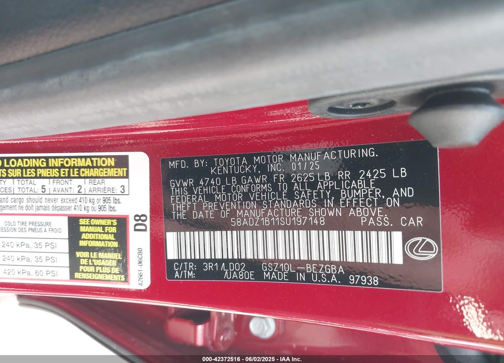 2025 LEXUS ES350 VIN: 58ADZ1B11SU197148