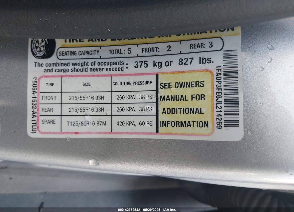 2018 FORD FOCUS VIN: 1FADP3FE6JL214269