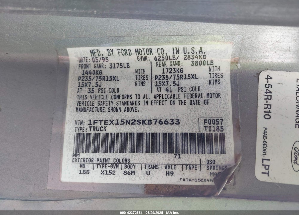 1995 FORD F150 VIN: 1FTEX15N2SKB76633