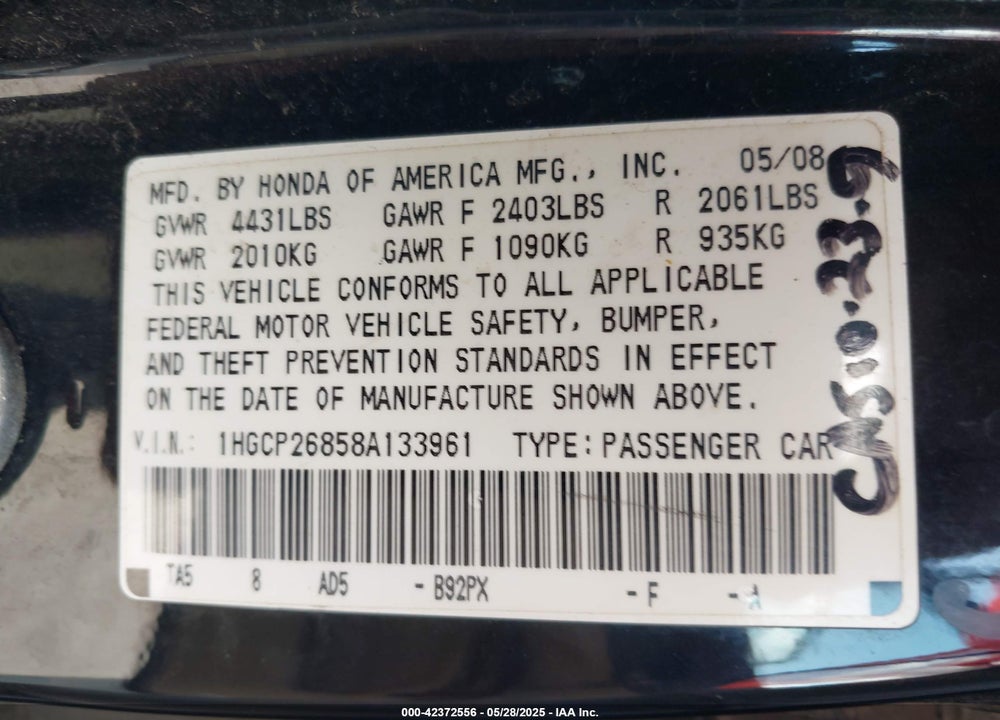 2008 HONDA ACCORD VIN: 1HGCP26858A133961
