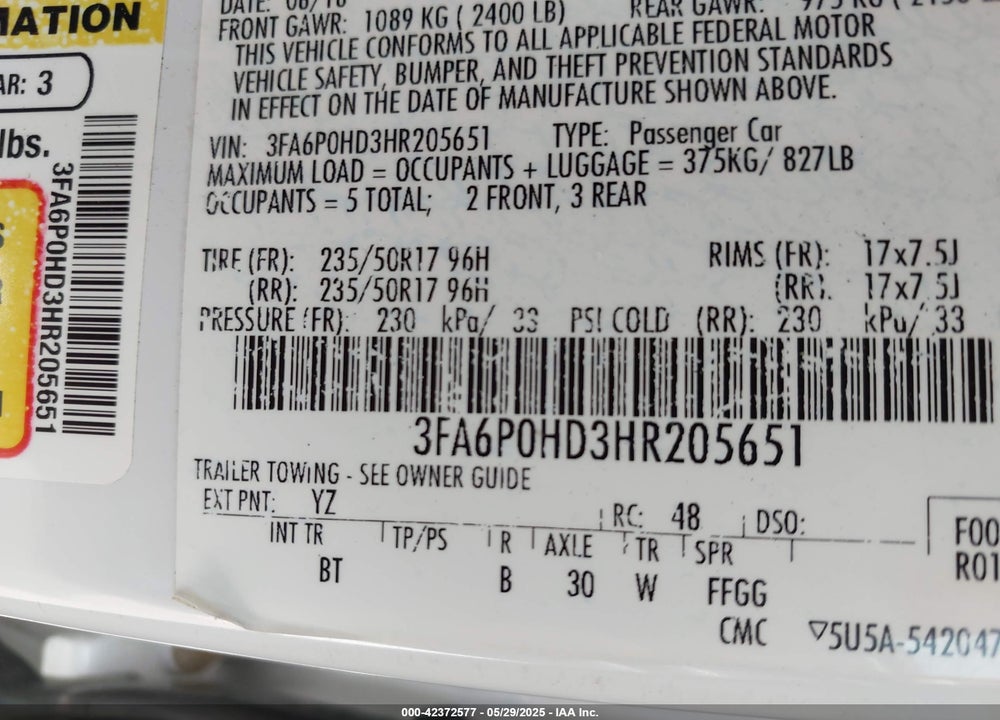 2017 FORD FUSION VIN: 3FA6P0HD3HR205651